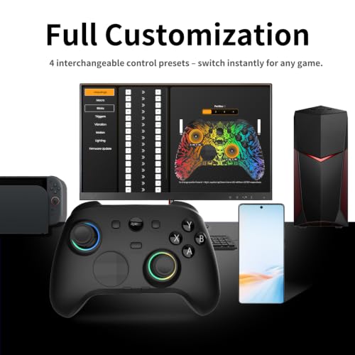 RALAN HD-151D Wireless PC Controller with Hall Effect Joysticks & Triggers, 1300mAh Battery & Custom RGB Lighting, 1000Hz Polling Rate, 2.4G/Bluetooth/USB-C, 3.5mm Audio Jack, 4 Onboard Profiles, Remappable Back Buttons Compatible with PC/Switch/Steam/And