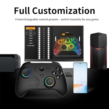RALAN HD-151D Wireless PC Controller with Hall Effect Joysticks & Triggers, 1300mAh Battery & Custom RGB Lighting, 1000Hz Polling Rate, 2.4G/Bluetooth/USB-C, 3.5mm Audio Jack, 4 Onboard Profiles, Remappable Back Buttons Compatible with PC/Switch/Steam/And
