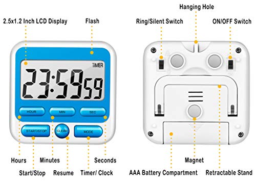 4-in-1 Digital Timer with Count Up/Down, Clock & Alarm, Ring & Silent Modes | Large 2.8-Inch easy-read LCD, On/Off switch, 24-Hour count up/down, Fast-forward function, Magnetic back, stand, hanging hole - color: Blue