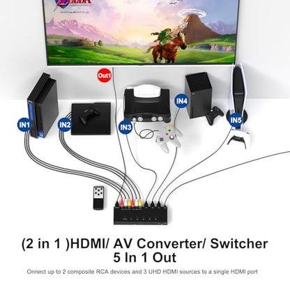 Dingsun 5In-1Out Converter, 3 Way HDMI 2.0 to HDMI Switcher + 2 Way RCA to HDMI Converter for Fire Stick，ROKU, N64, NGC, Wii, PS2/3/4/5, Xbox Series, Xbox ONE, Switch ect. - style: 5in-1out(2*RCA +3*HDMI to HDMI)Converter