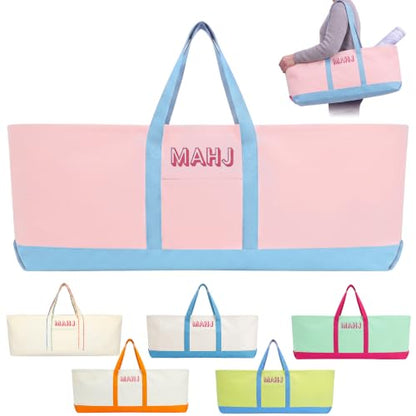 Mahjong Bag for Tiles and Racks Empty American Mahjong Tiles Carrying Tote 31.5 x 12 x 4 Inch Canvas Tile Game Accessory Gift for Pusher Rack Mat Carrying, Case Only (Pink and Blue) - color: Pink and Blue