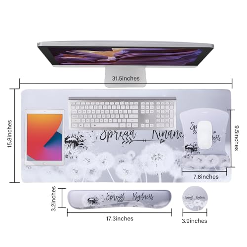 MEGREZ 4-in-1 Mouse Pad with Wrist Rest Ergonomic Memory Foam Desk Mat Set | ergonomic, anti-slip base, 4pcs set, desk pad, mouse wrist rest, keyboard rest, coaster, ideal for office & gaming - color: Gray Dandelion