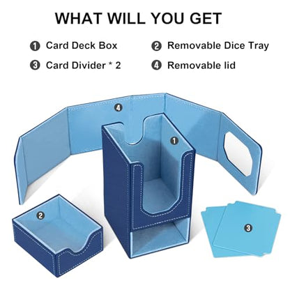 Card Deck Box for MTG Commander, Fits 100+ Double-Sleeved Cards Card Case | with Detachable Dice Tray, 2 Dividers, Removable lid, Trading Card Storage Box, Sturdy and Durable, Fits TCG/PTCG/Sports Card - color: Dark Blue and Light Blue