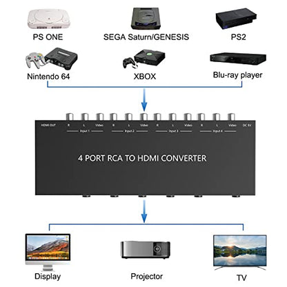 4 AV to HDMI, 1080P/720P 4 Way RCA Composite CVBS AV Switch to HDMI Converter Adapter Support 4:3/16:9 Switching, for Sega Xbox PS1 PS2 PS3 N64 NGC SNES WII VHS VCR Camera DVD （with Remote） - style: 4 RCA Converter