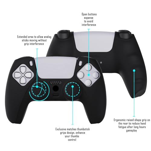 PlayVital Black Pure Series Anti-Slip Silicone Cover Skin for ps5 Controller, Soft Rubber Case for ps5 Wireless Controller with Black Thumb Grip Caps - color: Black