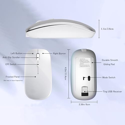WREANU Wireless Bluetooth Mouse Rechargeable Laptop Mice Silent Slim Use(BT5.2 and 2.4G Portable USB Receiver) Dual Mode Computer Mouse for Laptop/iPad/Tablet/Apple/Computer/Mac(Bright White) - color: Bright White
