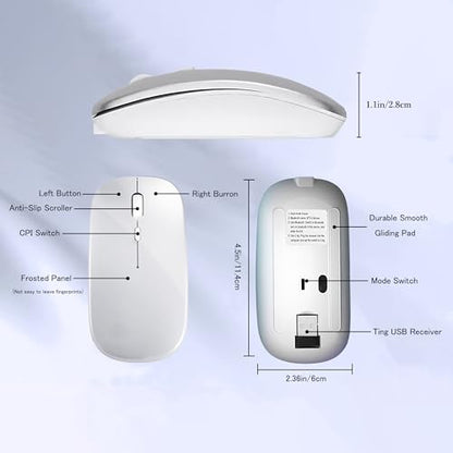 WREANU Wireless Bluetooth Mouse Rechargeable Laptop Mice Silent Slim Use(BT5.2 and 2.4G Portable USB Receiver) Dual Mode Computer Mouse for Laptop/iPad/Tablet/Apple/Computer/Mac(Bright White) - color: Bright White