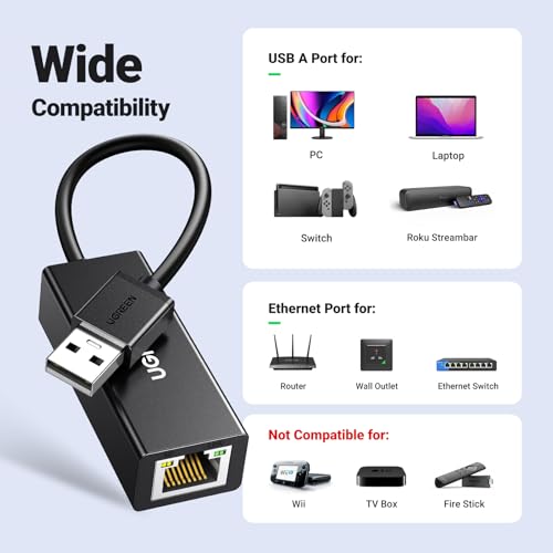 UGREEN USB to Ethemet Adapter, 10/100Mbps Network Adapter, with AX88772D Chip RJ45 Wired LAN Dongle for Laptop, Compatible with Nintendo Switch MacBook Chromebook Windows macOS Linux (Not for Wii) - color: Black