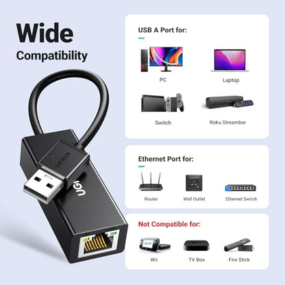 UGREEN USB to Ethemet Adapter, 10/100Mbps Network Adapter, with AX88772D Chip RJ45 Wired LAN Dongle for Laptop, Compatible with Nintendo Switch MacBook Chromebook Windows macOS Linux (Not for Wii) - color: Black