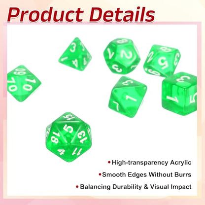 uxcell Polyhedral Dice Set, 7 Pcs Acrylic Dice for Role Playing Table Games Tabletop Gaming Accessories, Transparent Green - color: Transparent Green