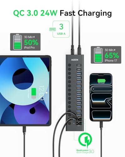 AGEEN 16-Port Powered USB 3.2 Hub-10Gbps SuperSpeed Data Splitter with 2 USB-C & 11 USB-A Ports, 3 x 24W QC 3.0 Fast Charging Ports, Individual On/Off Switches, 96W Power Adapter for Laptop, PC