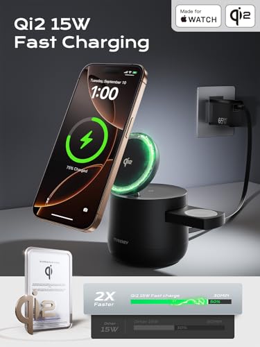 THREEKEY 4 in 1 Qi2 Magnetic Wireless Charging Station, 15W Fast Charger with Made for Apple Watch Charging Module, for iPhone 17–12 Series & AirPods, 65W Adapter Included - color: Black