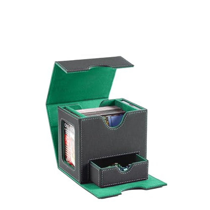 CMFYlive Card Deck Box for Commander Deck Box MTG Deck Box Fits 100 Double Sleeved Cards, Magic Commander TCG Card Storage Box with 2 Dividers,Drawstring Bag and 1 Toploader (Black/Green) - color: Black/Green