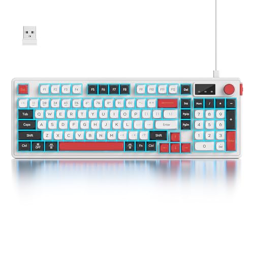 Fogruaden 96% Wireless Quiet Silent Gaming Keyboard with Number Pad & Knob, Mechanical Feel, Spill-Resistant, Multimedia Keys, Wired/BT/2.4G, USB Rechargeable Membrane Computer Keyboard for Win/Mac - color: White