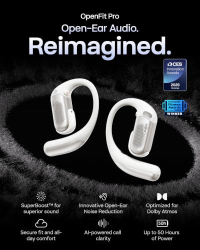 SHOKZ OpenFit Pro Open-Ear Earbuds with Noise Reduction, Dolby Atmos, White | Bundle with Gym Bag; Deep Bass, 50H Playtime, AI call clarity; Bluetooth 6.1; IP55 Secure all-day fit; Gym/Office/Cafe use - color: White