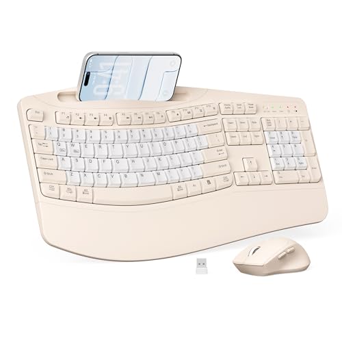 Wireless Keyboard and Mouse Combo, Ergonomic Wave Keys(Milk Tea-B) | 2.4G Full Size Keyboard with Wrist Rest, Phone Holder, 3-Level DPI Silent Mouse with 6-Buttons,for Windows/Mac OS/Laptop - color: Milk Tea-B