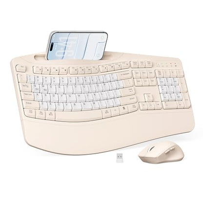 Wireless Keyboard and Mouse Combo, Ergonomic Wave Keys(Milk Tea-B) | 2.4G Full Size Keyboard with Wrist Rest, Phone Holder, 3-Level DPI Silent Mouse with 6-Buttons,for Windows/Mac OS/Laptop - color: Milk Tea-B