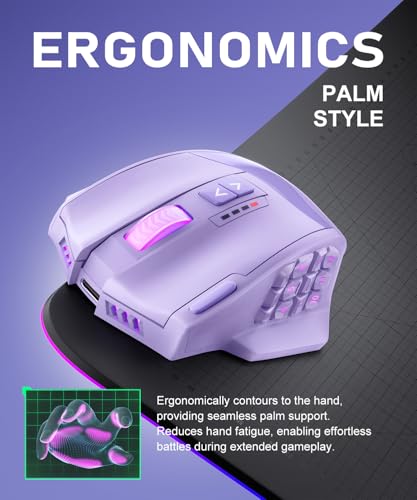 UtechSmart Venus Pro Wireless MMO Gaming Mouse, 16,000 DPI Optical Sensor, Wired/Wireless Dual Modes, 16M Chroma RGB Lighting, 16 Programmable Buttons, Ergonomic Design, Up to 70H, Purple - color: Purple