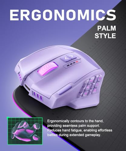 UtechSmart Venus Pro Wireless MMO Gaming Mouse, 16,000 DPI Optical Sensor, Wired/Wireless Dual Modes, 16M Chroma RGB Lighting, 16 Programmable Buttons, Ergonomic Design, Up to 70H, Purple - color: Purple