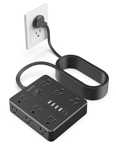 20FT Surge Protector Power Strip,12 AC Outlets with 6 USB Ports (2 USB-C), Flat Plug Extension Cord with Multiple Outlets, Wall Mount for Home Office,Dorm,Black - color: Black, size: 20FT