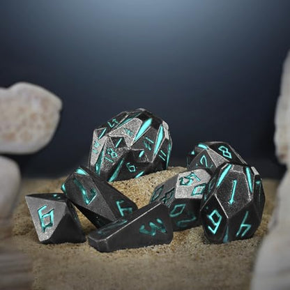 FONVGOGO Metal DND Dice Set, 7 Dungeons and Dragon Dice Stonehenge Design | Unique Cool D and D Metal Dice Set for RPG Role Playing Games, Blue Polyhedral Dice, DND Gifts for Tabletop Games - color: S Blue