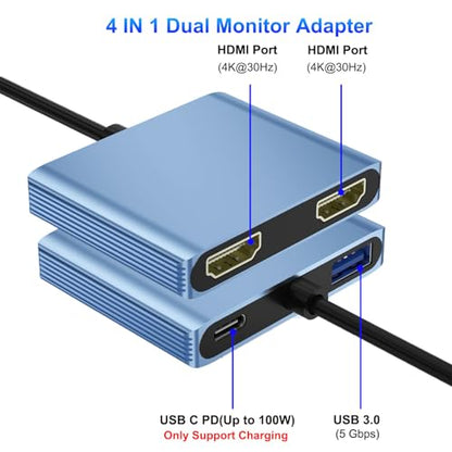 HDMI Splitter Extended Display, USB C to Dual HDMI Adapter 4K@30Hz, Dual Monitor Adapter for Extended Display with 2 HD MI/USB3.0/100W PD Fast Charging, Compatible with HP/Dell/MacBook/Lenovo