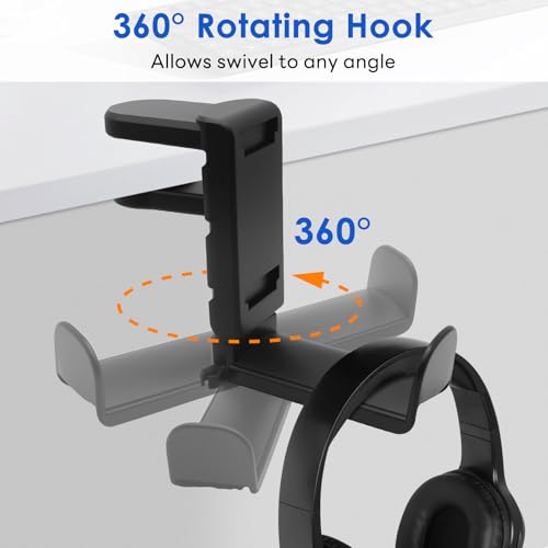 3 In 1 PC Gaming Headphone & Controller Stand Holder, Clamp On Headset Hanger with 360° Rotation Hook, Under Desk Cable Clip Organizer Earphone Storage Rack, Universal XBOX PS5 PS4 Switch Gift, Black
