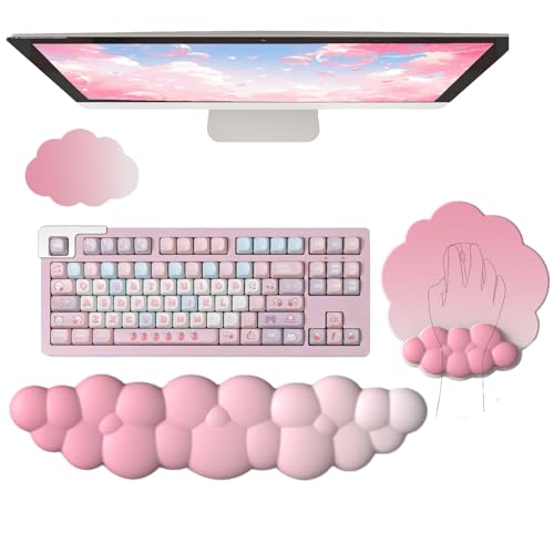 Cloud Wrist Rest Keyboard Pink Mouse Pad Set with Wrist Rest Ergonomic Wrist Pad Memory Foam Non-Slip Base Cute Gradient Wrist Support for Computer Laptop Gaming Home Office Relief Typing Pain - color: 3pcs Silk Gradient Pink