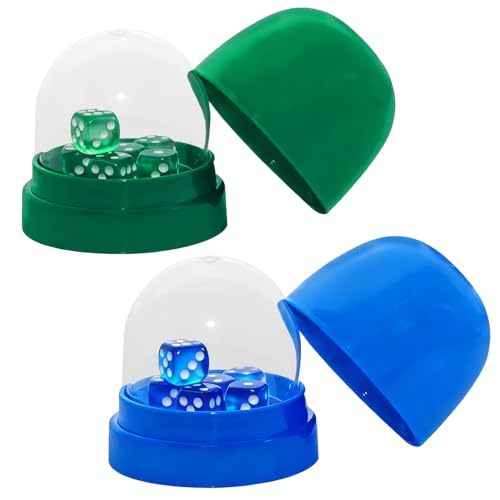2 Pack Dice Cups with Lids, 12 Dice, Blue and Green Shaker Set | 2 color-coded shakers with clear domes and 12 dice for cleaner, easier rolling at home, school, or on the go.