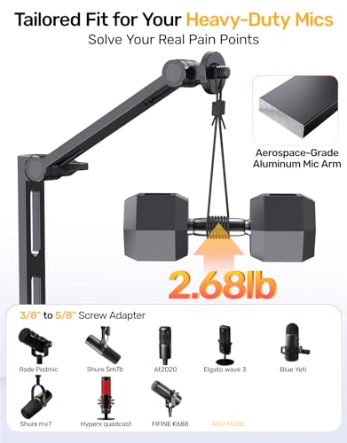 Desktop Mic Arm Stand 2.68lbs Max Heavy Duty Microphone Mount with Silent Mute Knob Compatible with Rode PodMic Shure SM7B for Podcast Gaming Streaming Office Desk Setup Boom Arm