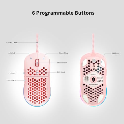 MR.FOX M1 Ultralight Honeycomb Gaming Mouse Wired, 75g Lightweight, 12,800 DPI Optical Sensor, RGB Lighting with Music Sync, 6 Programmable Buttons, Braided Cable, Gaming Mouse for PC/Mac, Pink - color: Pink