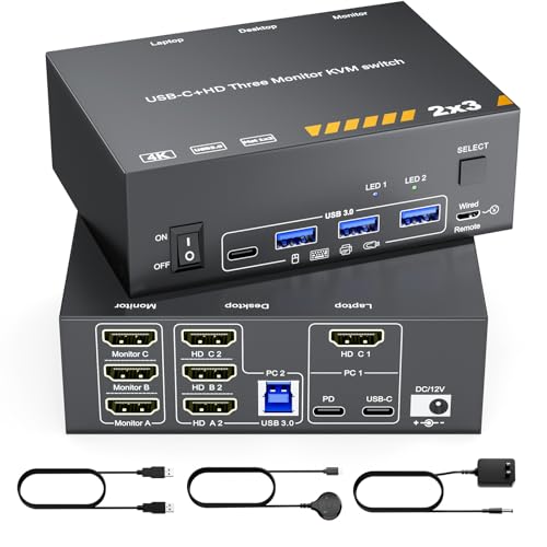 HDMI KVM Switch 3 Monitors for 1 Laptop 1 Desktop, USB 3.0 KVM Switch 3 Monitor 2 Computer MST USB C HDMI KVM 4K@60Hz,PD 87W, Power Adapter, Wired Remote(4K USB C HDMI 2 in 3 Out KVM) - color: Black, size: 16cm