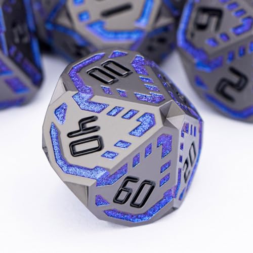 Metal DND Sci-fi Dice Set 7PCS Stripe Polyhedral Dice for Dungeons Dragons RPG Role Playing Game, Glitter D and D Dice with Gift Box D6 D8 D10 D12 D20 (Black&Blue Purple) - color: Black - Blue Purple