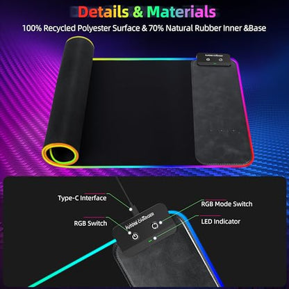 Gaming Mouse Pad, Wireless Charging Mouse Pad Gaming, 31.5"x11.8" Large RGB Desk Mat for Laptop/Computer/Keyboard, 9 Light Modes, Waterproof Smooth Surface, Non-Slip Base, Black - color: Black+RGB