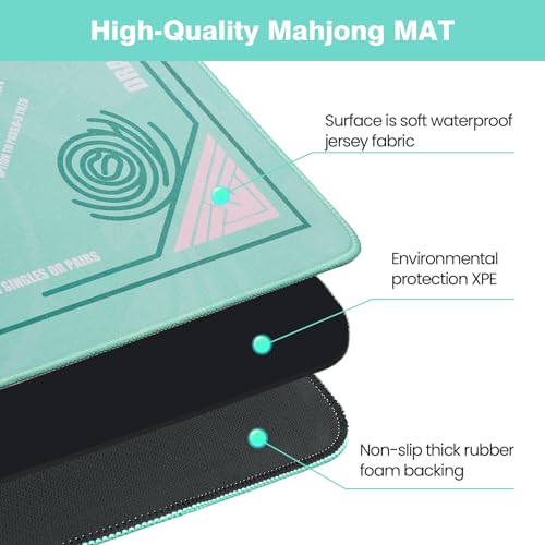 Mahjong Mat - (33"x33") American Mah jongg Mat for Table with Rules (Green) | Noise Reduction Non-Slip Mahjong Table Mat + Carrying Bag & 3 Dice, Neoprene Gaming Pad for Mah jong Tile/Card/Dominoes Games - color: Green