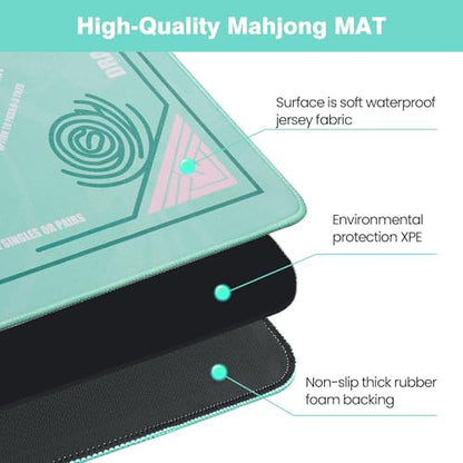 Mahjong Mat - (33"x33") American Mah jongg Mat for Table with Rules (Green) | Noise Reduction Non-Slip Mahjong Table Mat + Carrying Bag & 3 Dice, Neoprene Gaming Pad for Mah jong Tile/Card/Dominoes Games - color: Green