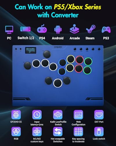 Sehawei Haute42 M ultra Gen2 Blue Arcade Stick,Aluminum All-Button Controller with Cable Security Clasp &Button LED Rings,Arcade Fighting Stick for PC/Ps3/Ps4/Switch/Steam-Supports Hot Swap & SOCD - color: M Ultra Gen2 Blue