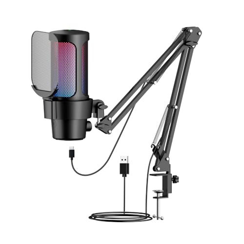 Professional USB Gaming Microphone with RGB Lighting Cardioid Pickup Quick Mute Gain Knob Boom Arm Stand for PC Gaming Live Streaming Video Recording Plug Play Compatible (Black) - color: Black