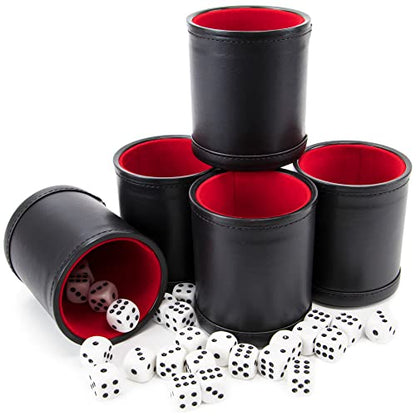 Brybelly Dice Set with Dice Shaker Cup - Perfect for Casino Dice Game for Family Leather - Poker Dice Shaker - 5 Red Lined Dice Cups and 25 Dice Sets - style: 5 Red Cups & 25 White Dice