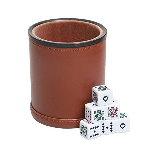 Leatherette Dice Cup with Poker Dice, Felt Lining Quiet Shaker for Playing Yahtzee/Farkle/Liars Dice, - color: Brown With Poker Dice