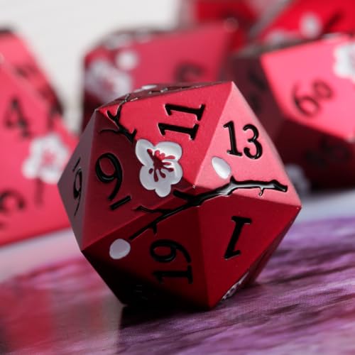 Matt Red DND Metal Dice, DNDND 7 PCS Heavy Metallic D&D Dice Set with Gorgeous Gift Case for Dungeons and Dragon Tabletop Game (Matte Red with White Flower) - color: Flower Red