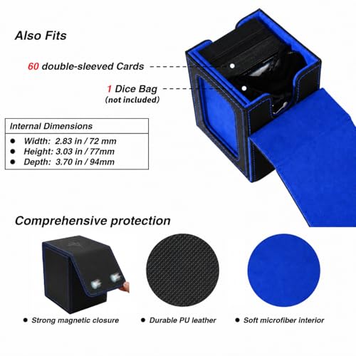 MTG Deck Box for Commander Display,Card Deck Box Fits 100 Double Sleeved Cards, TCG Card Storage Box with 2 Dividers and 1 Toploader (Black＆Blue) | Holds 120 Single/100 Double-Sleeved Cards, Fit MTG/PTCG/OPTCG Cards, Strong Magnet, PU Leather, With 2 Divi