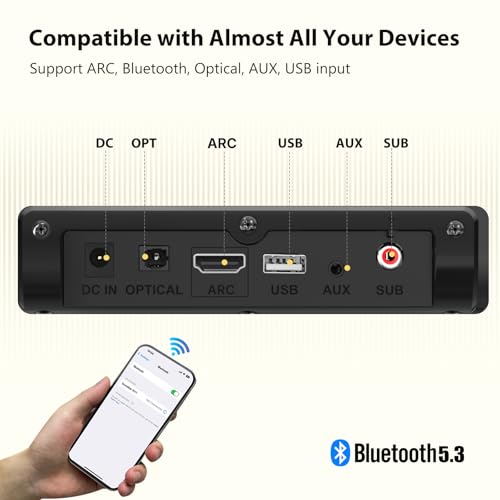 Sound Bar for Smart TV with Wired Subwoofer, 2.1 CH Small TV Soundbar Speakers, Support Bluetooth 5.3/ARC/Optical/AUX/USB Connectivity, S100 Pro, Black - color: Bright Black