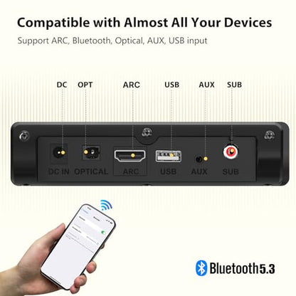 Sound Bar for Smart TV with Wired Subwoofer, 2.1 CH Small TV Soundbar Speakers, Support Bluetooth 5.3/ARC/Optical/AUX/USB Connectivity, S100 Pro, Black - color: Bright Black
