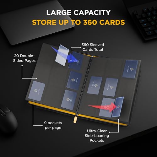 Card Guardian - 9 Pocket Premium Black Binder with Zipper for 360 Cards - Side Loading Pockets for Trading Card Games TCG (Yellow) | Holds 360 Cards, Side Loading, For TCG & Football, Premium Card Collection - color: Yellow