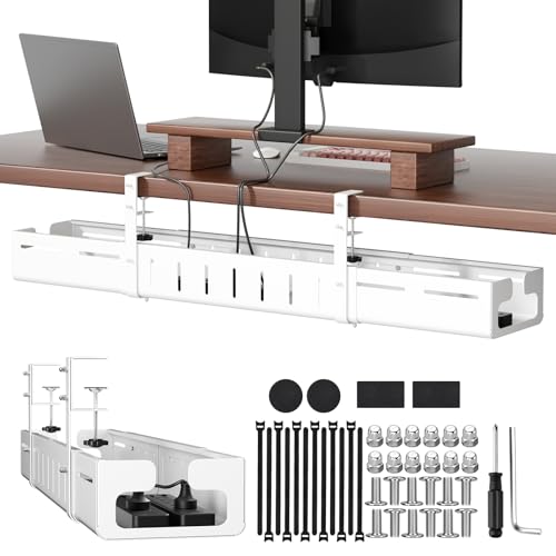 Under Desk Cable Management Tray, Expandable 25.2"–38.6" Cable Tray, White | No Drill Cable Management with Clamp Mount,Heavy Duty Carbon Steel Desk Cable Organizer,Wire Management for Office Home - color: White