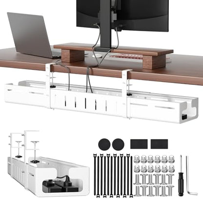Under Desk Cable Management Tray, Expandable 25.2"–38.6" Cable Tray, White | No Drill Cable Management with Clamp Mount,Heavy Duty Carbon Steel Desk Cable Organizer,Wire Management for Office Home - color: White