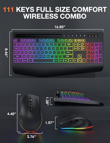 Wireless Keyboard and Mouse Combo - 9 Backlit Effects, 2.4GHz | Ergo Wrist Rest, Phone Holder, Full Size, Rechargeable, Sleep Mode, KM22 MAX Quiet Set for Computer, PC, Laptop, Mac, Windows - color: Classic Black