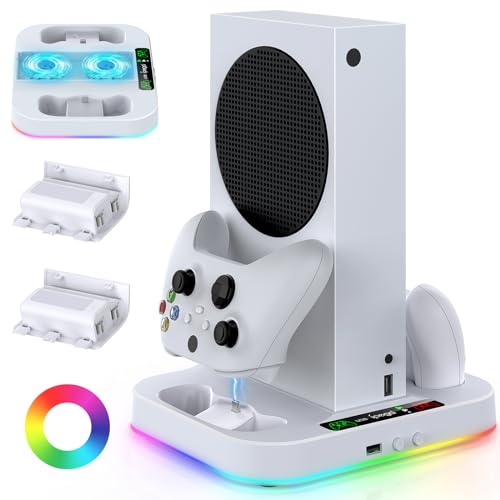 Cooling Stand for Xbox Series S Console with 15 Light Modes, MENEEA Dual Fast Charger Station with 2x1400mAH Batteries,Cooler System Accessories with 3-Speed Adjustable Fan, 2.0 USB Port - color: White
