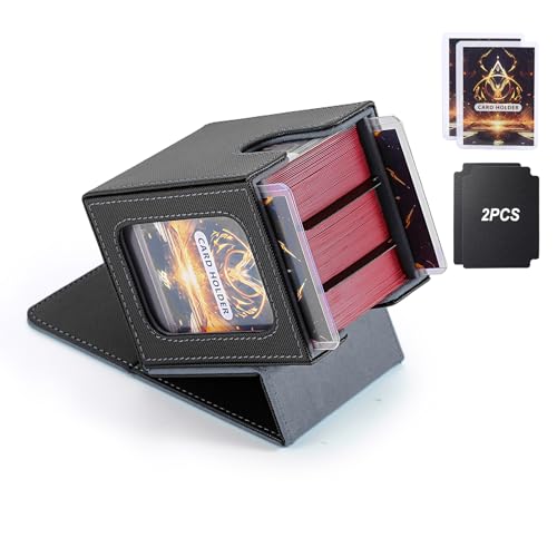 MTG Deck Box, Double Display Window MTG, Commander Deck Box Fits 120+ Single Sleeved Cards, PU Leather Magnetic Closure Card Box with 2 Dividers&2 Toploaders for TCG, CCG, Black/Grey - color: Black/Gray, size: 1 pack